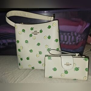 Coach Cream and Green Apple Print Shoulder Bag Set